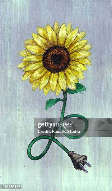 stockillustraties, clipart, cartoons en iconen met illustrative image of plug connecting to flower representing green energy - steel cable