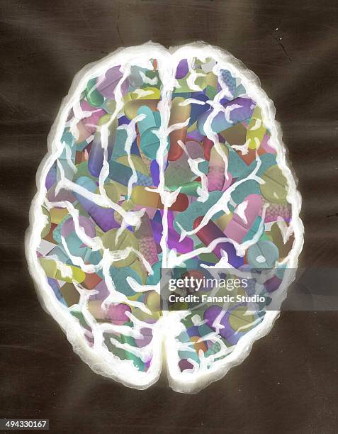 illustrative image of human brain filled with capsules - hypochondria stock illustrations