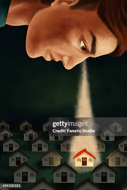 illustrative image of man keeping an eye on house representing real estate business - private property stock illustrations