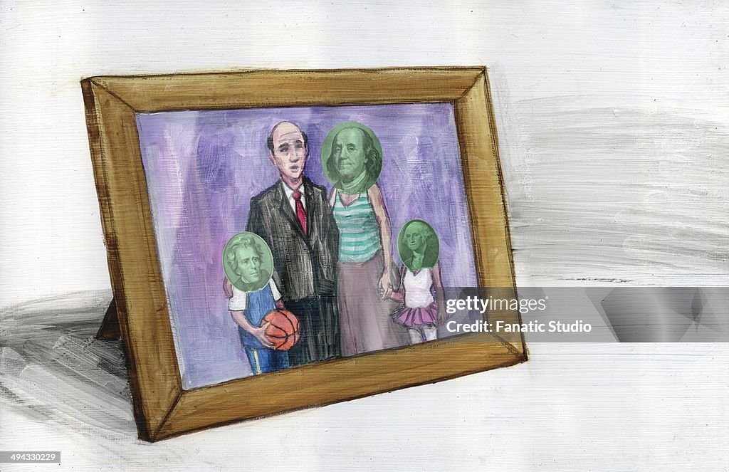 Illustration of photo frame representing man giving importance to money rather than family