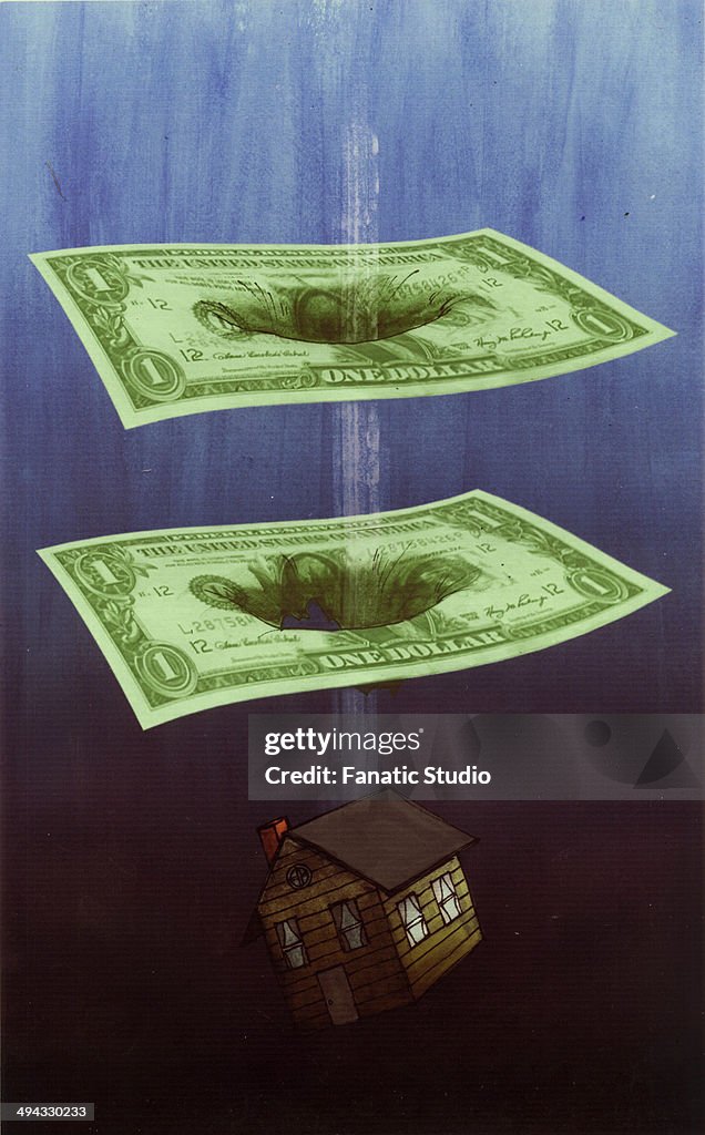Illustrative image of model home falling through paper bills representing loss in real estate business