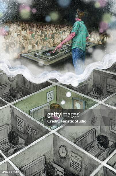 illustration of businessman thinking of being in a dj party - self actualization stock illustrations