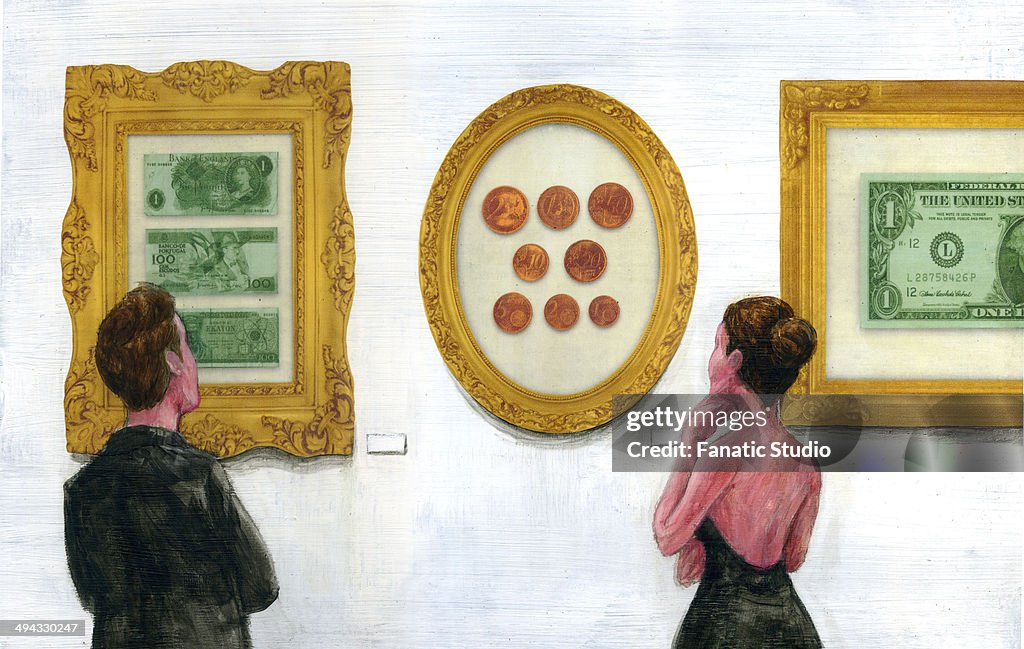 Illustration of people watching precious currencies in art gallery
