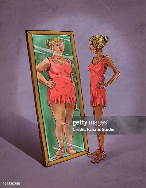 ilustrações de stock, clip art, desenhos animados e ícones de illustrative image of woman looking in mirror sees herself as overweight representing eating disorder - bulimia