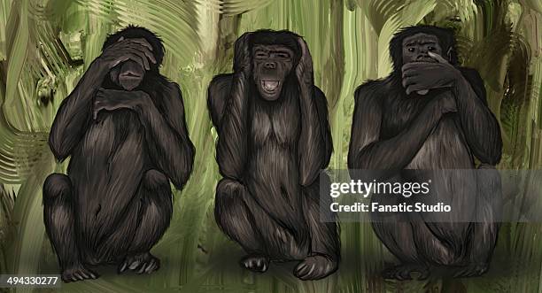 illustrative image of three monkeys covering eyes, ears and mouth representing immorality - 3 wise monkeys stock-grafiken, -clipart, -cartoons und -symbole
