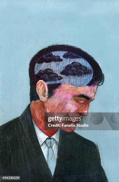 illustrative image of businessman's head made of clouds and rain representing business failure - low self esteem stock illustrations