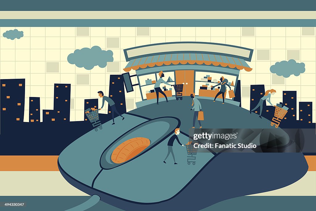 Illustrative image of people on top of computer mouse representing online shopping