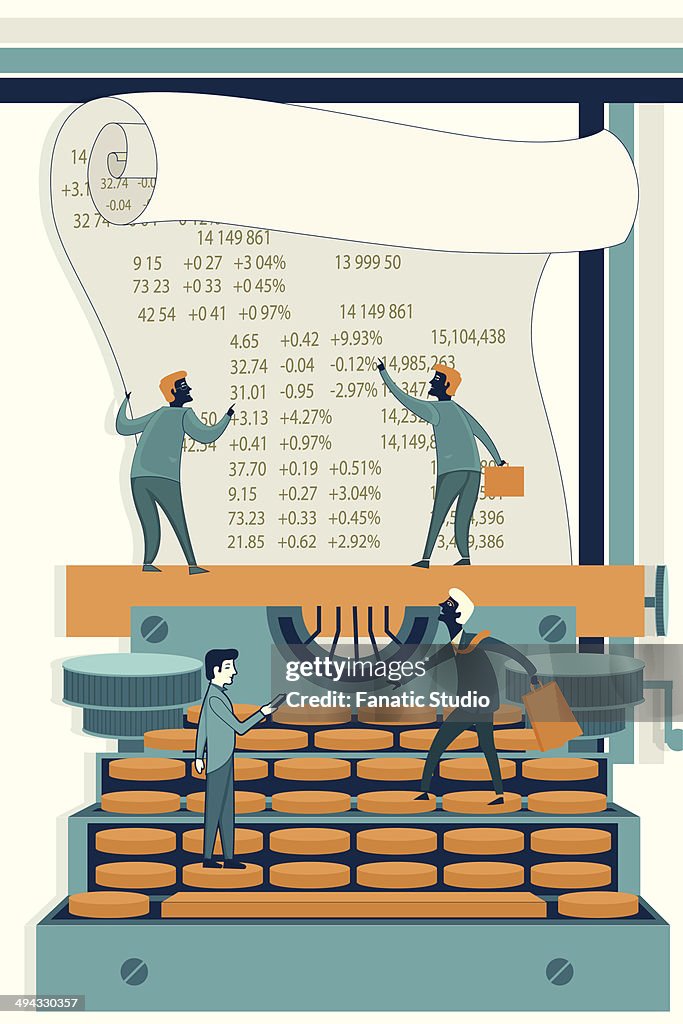 Illustrative image of businessmen calculating stock finances on typewriter