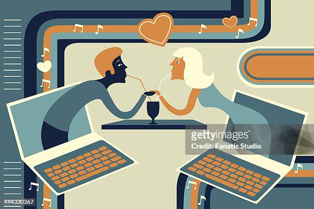 ilustrações de stock, clip art, desenhos animados e ícones de illustrative of couple representing online dating - woman in studio