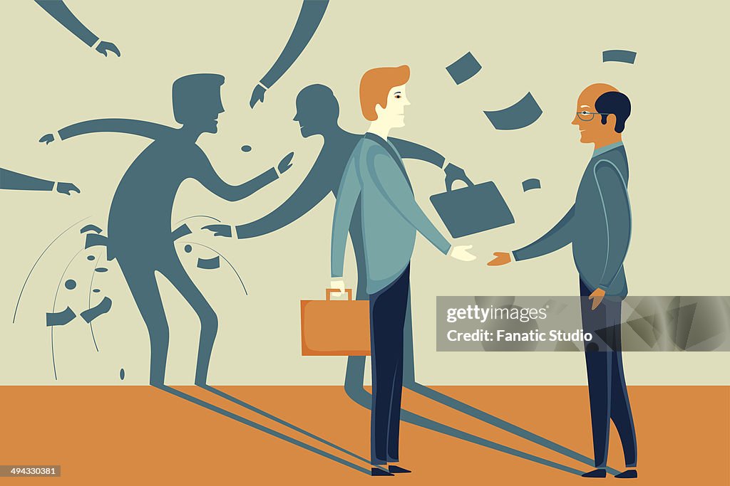 Illustrative image of businessman misleading colleague representing fraud