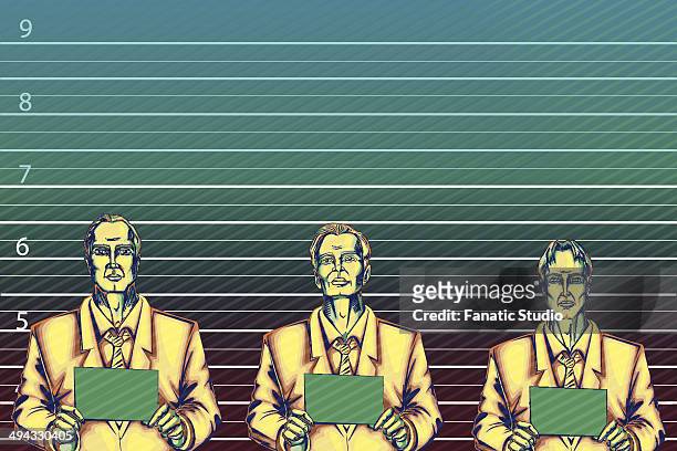 stockillustraties, clipart, cartoons en iconen met illustrative image of businessmen standing against height chart representing business crime - drie personen