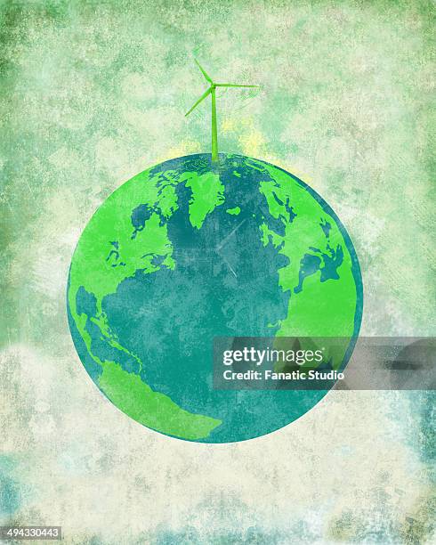 illustrative image of wind turbine on earth representing go green concept - save planet stock illustrations