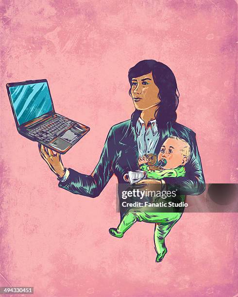 illustrative image of businesswoman carrying baby while using laptop representing multi tasking - brustwarze stock-grafiken, -clipart, -cartoons und -symbole