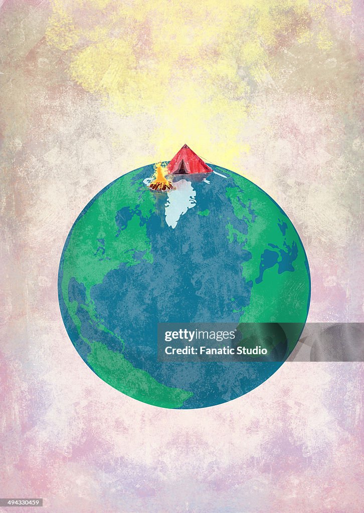 Illustrative image of tent and bonfire on planet earth representing global traveler