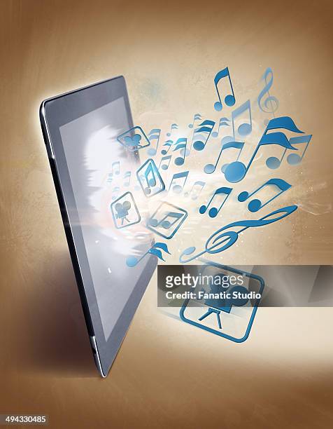illustrative image of musical notes and digital table representing uploading and downloading of music - easy load stock illustrations