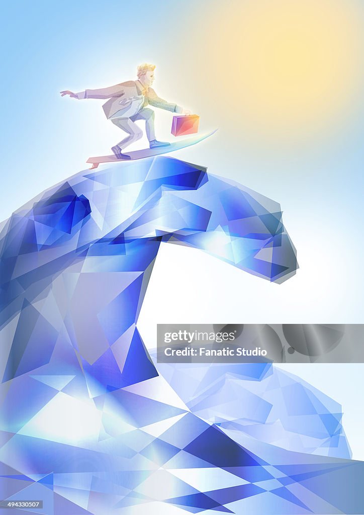 Illustrative image of businessman surfing represents conquering adversity