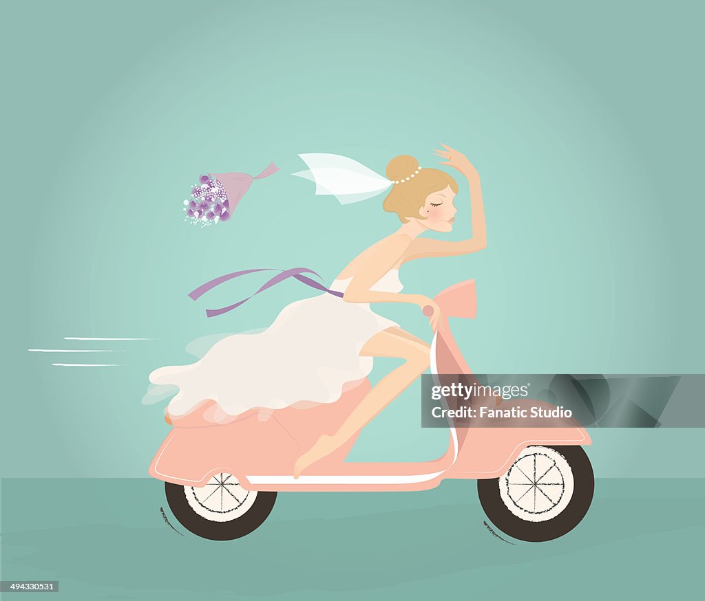 Illustration of bride throwing flower bouquet while riding scooter against blue background