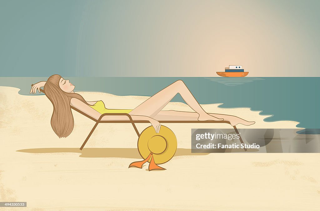 Illustration of young woman relaxing on lounge chair at beach