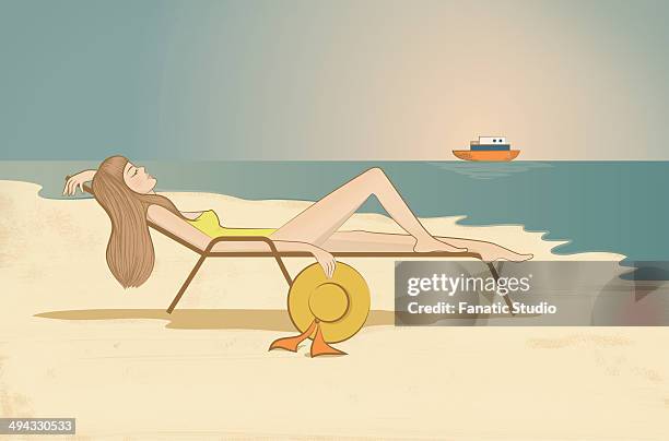 stockillustraties, clipart, cartoons en iconen met illustration of young woman relaxing on lounge chair at beach - leunen