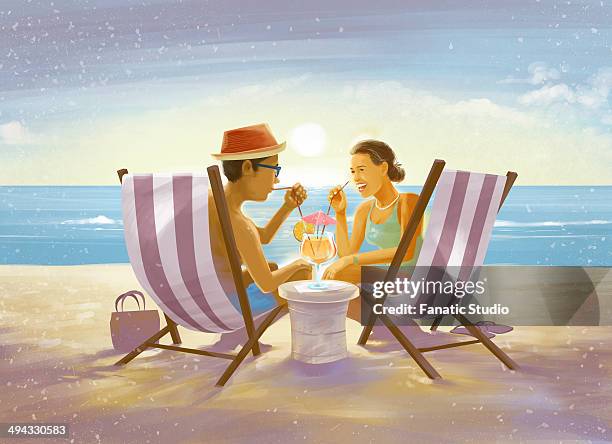 illustration of couple drinking from glass while sitting on deck chairs on beach - senior water women stock illustrations