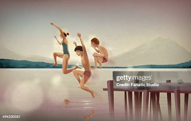 illustrations, cliparts, dessins animés et icônes de illustration of siblings diving in lake - ponton