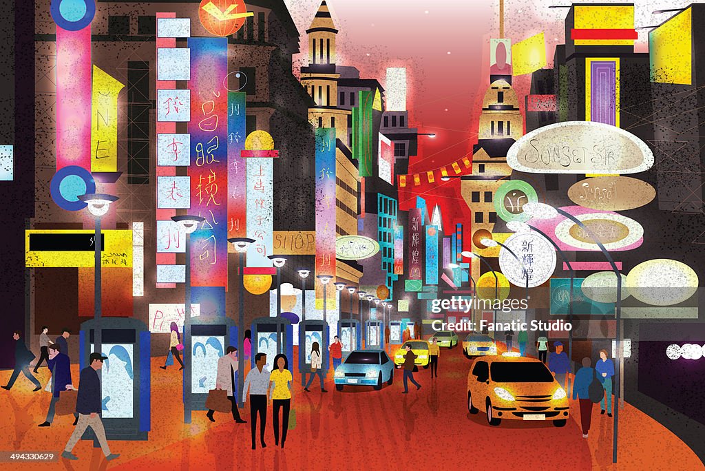 Illustration of people, cars and buildings representing city life