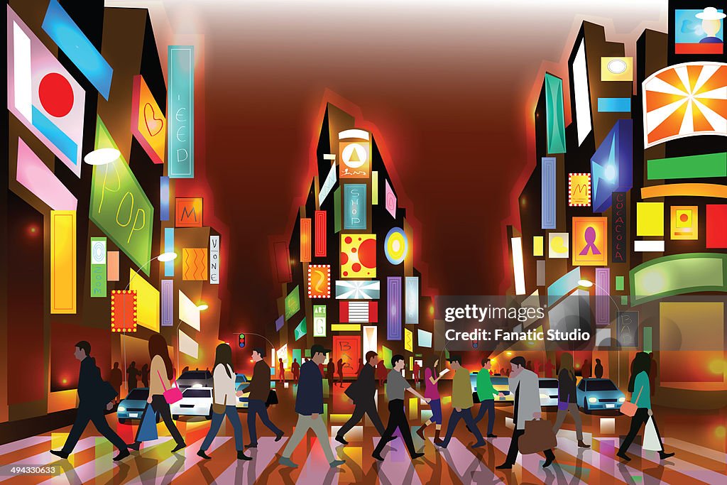 Illustrative image of people walking on zebra crossing with illuminated buildings representing Times Square in New York City at night