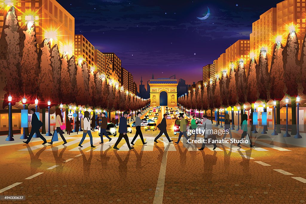 Illustrative image of people walking on zebra crossing Arc de Triomphe in background at Paris, France
