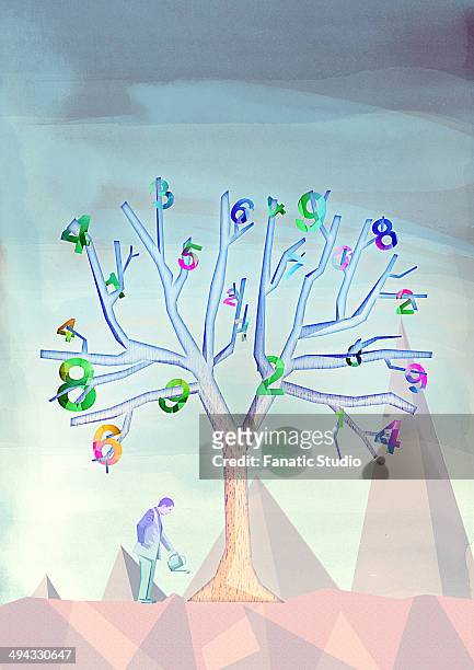 illustrative image of businessman watering tree with numbers representing money tree - chart branch stock illustrations