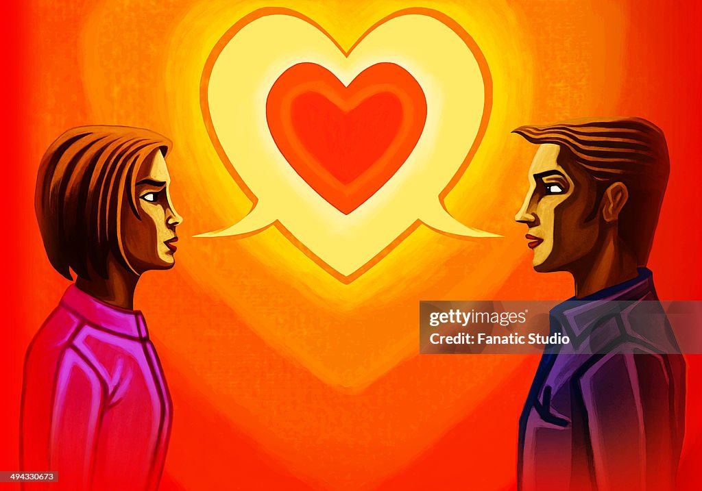 Illustration of couple with heart bubble representing communication