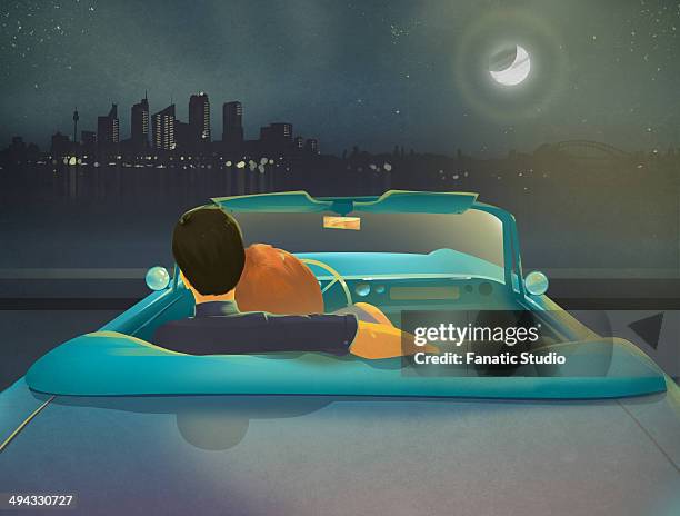 ilustraciones, imágenes clip art, dibujos animados e iconos de stock de illustration of couple looking at city view in moonlight - moonlight lovers
