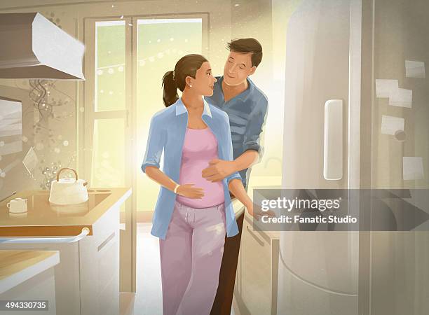 illustration of couple expecting a new baby - modern kitchen couple stock illustrations