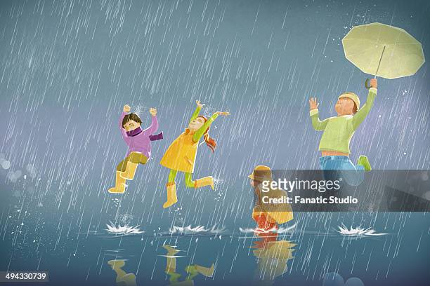 illustrations, cliparts, dessins animés et icônes de illustration of children enjoying in rain - monsoon