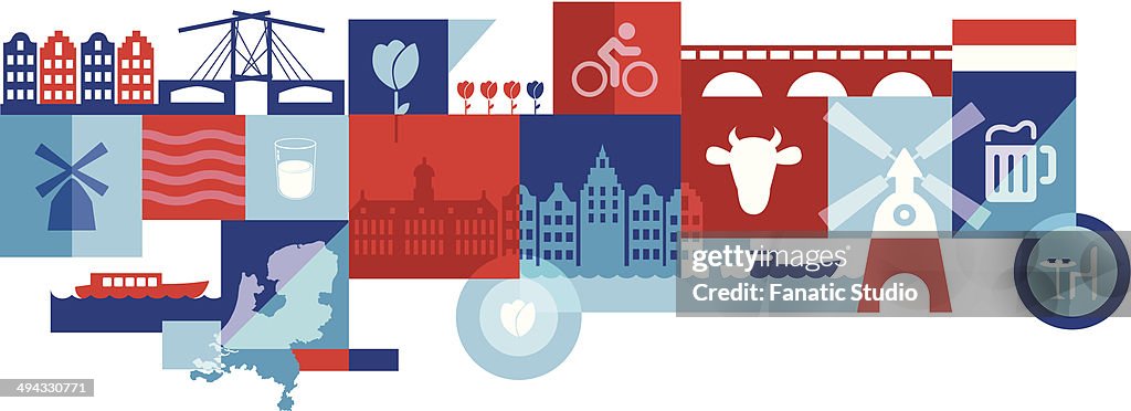 Illustrative collage representing city life in Amsterdam, Holland, Netherlands