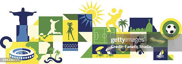 ilustraciones, imágenes clip art, dibujos animados e iconos de stock de illustrative collage of sports and attractions in brazil - samba