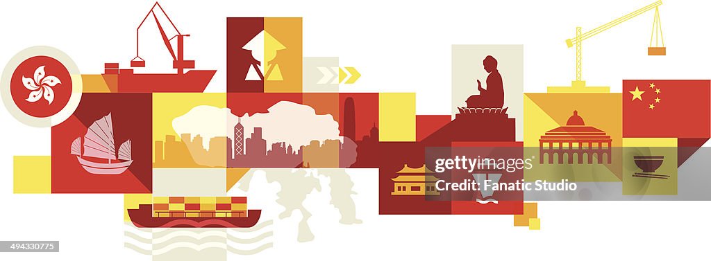 Illustrative collage of tourist attractions in Hong Kong, China
