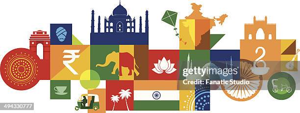 ilustraciones, imágenes clip art, dibujos animados e iconos de stock de illustrative collage of tourist attractions in india, asia - bombay map