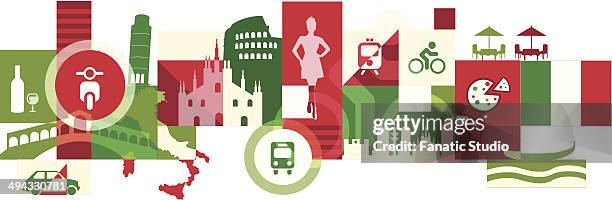 illustrative collage of tourist attractions in italy - cafe interior stock illustrations