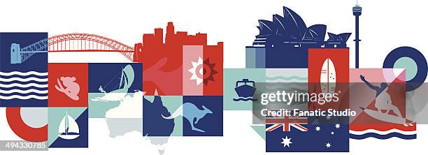 illustrative collage of tourist attractions in australia - sydney harbour bridge stock illustrations