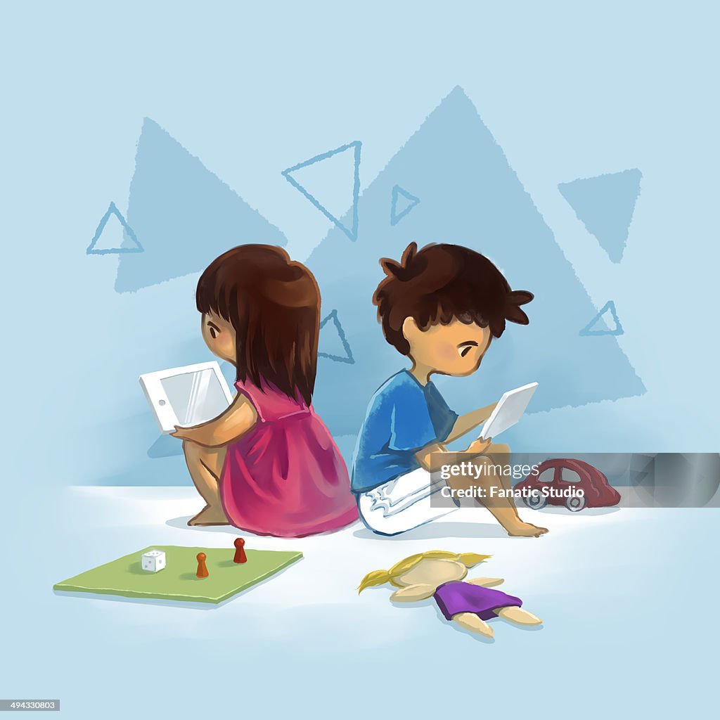 Illustrative image of children using digital tablet representing computer addiction
