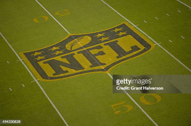General view of the NFL midfield shield logo during the game between the Carolina Panthers and the Philadelphia Eagles at Bank of America Stadium on...