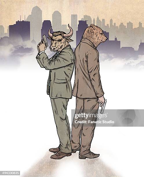 illustrative image of bear and bull standing back to back representing stock market - bull bear stock-grafiken, -clipart, -cartoons und -symbole