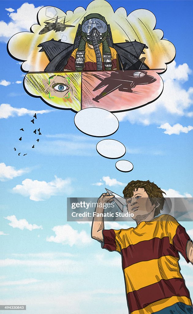 Illustrative image of boy flying paper plane representing air force career