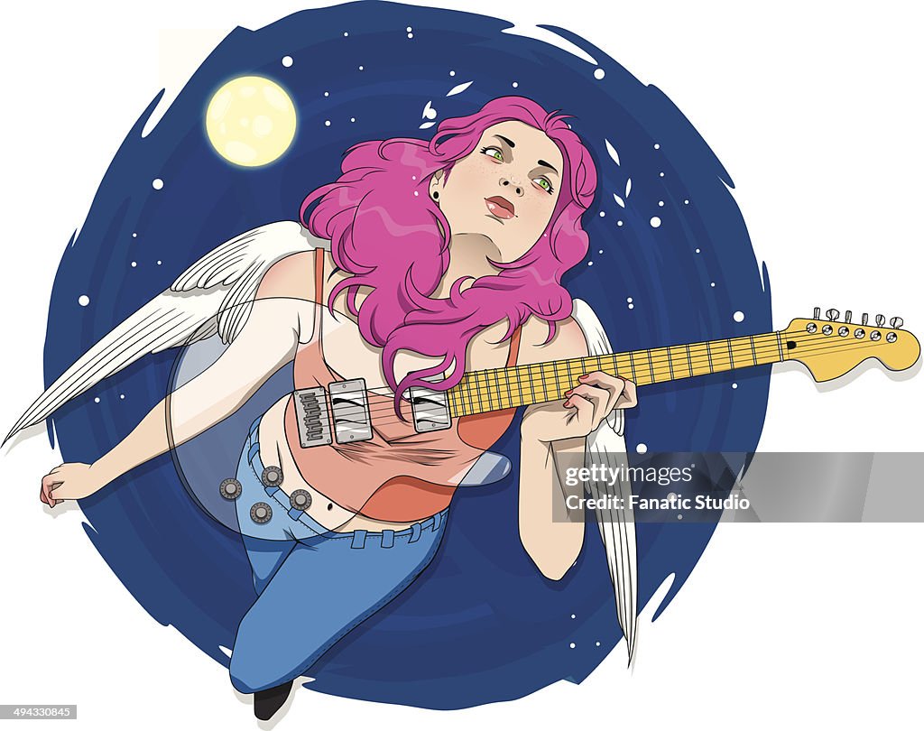 Illustrative image of female rockstar with guitar flying in sky representing desire