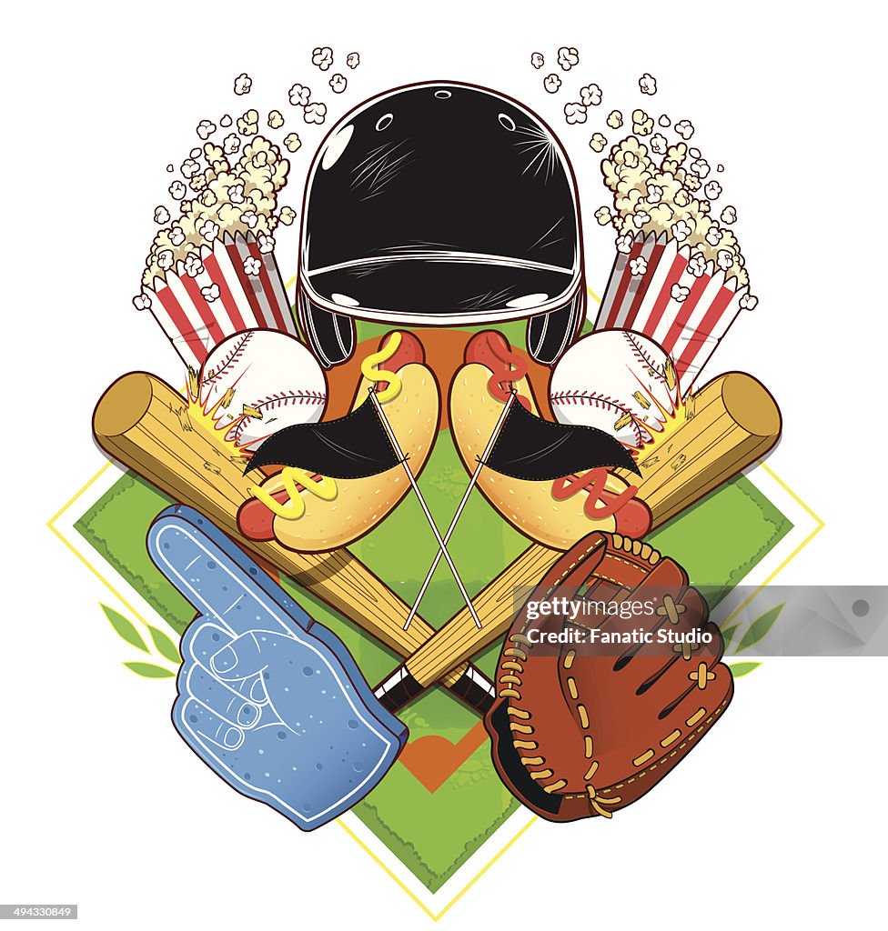 Illustrative image of popcorn and baseball equipment against white background