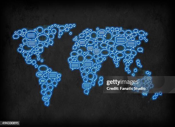 illustrative image of map made of chat bubbles representing global communication - neon speech bubble stock illustrations