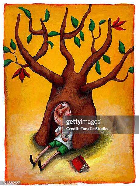 illustrative image of schoolboy sitting under tree representing growth - looking up thinking stock illustrations