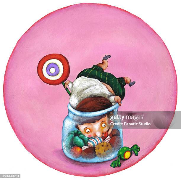 illustrative image of boy in candy jar representing unhealthy living - child candy jar stock illustrations