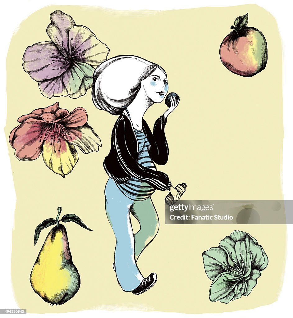 Illustration of pregnant woman eating healthy food