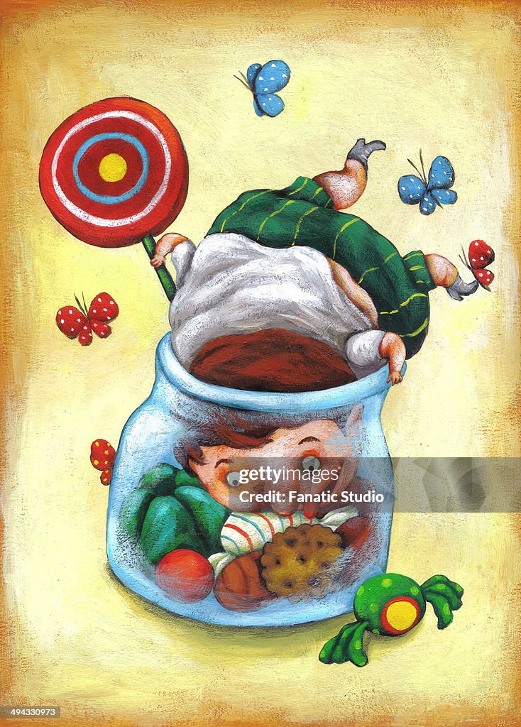 Illustrative image of fat boy in candy jar representing unhealthy living